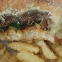 Popeye Burger · Angus Beef Burger, Pepper Jack Cheese, Spinach, Onion, Mushroom and Russian Dressing.
