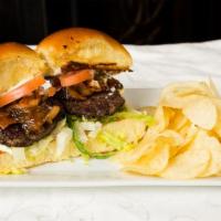 Beef Sliders · Topped with onion bacon jam. Served with chips.