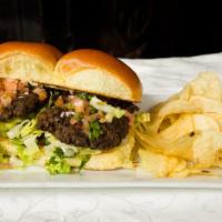 Jerk Black Bean Sliders · Topped with pineapple salsa. Served with chips.
