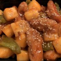 Sweet & Sour Sesame Soy Protein · Pineapple, green and red pepper with sweet and sour sauce.