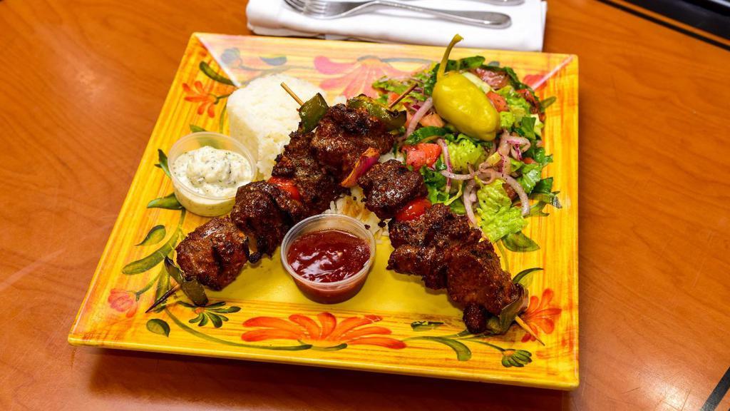Shish Kabab Platter · Marinated cubes of grilled lamb with mixed grilled vegetables.