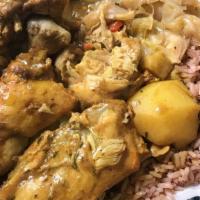 Curry Chicken  · Serves with rice, plantain  and dumpling