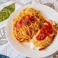 Chicken Parmigiana Plate · Served over choice of pasta with soup or salad in homemade tomato sauce. Topped with mozzare...