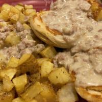 Homemade Sausage Gravy Over Texas Toast · Served with home fries.