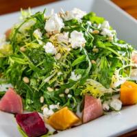 Roast Beet (V) · Vegetarian.  Roasted red beets, baby arugula lettuce, toasted pine nuts, goat cheese, house ...
