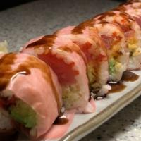Pink · Tuna, avocado, cucumber, crunchy, tobiko, spicy mayo and pink soy paper.