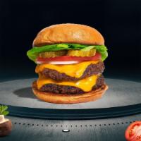 Double Take Cheese Burger · Two American beef patties topped with melted cheese, lettuce, tomato, onion, and pickles on ...