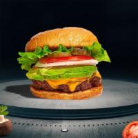 Cadet Cado Burger · American beef patty topped with avocado, melted cheese, lettuce, tomato, onion, and pickles ...