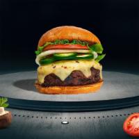 Jaded Jalapeño Burger · Seasoned Beyond Meat patty perfectly cooked, topped with topped with melted vegan mozzarella...