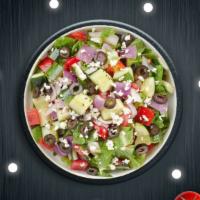 Seek A Greek Salad · (Vegetarian) Romaine lettuce, cucumbers, tomatoes, red onions, olives, and feta cheese tosse...