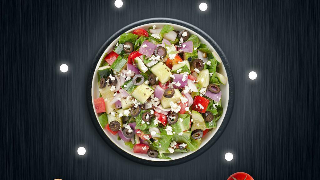 Seek A Greek Salad · (Vegetarian) Romaine lettuce, cucumbers, tomatoes, red onions, olives, and feta cheese tossed with balsamic vinaigrette dressing.