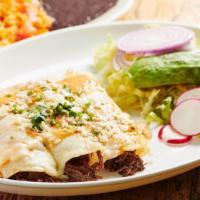 Beef Barbacoa Enchiladas · Slow Braised Beef short rib, monterrey Cheese, Skinny's Enchilada Sauce, Chipotle Aioli serv...