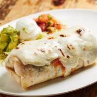 Chicken Burrito · Black Beans, Mexican Rice, Sharp Cheddar Cheese, Sweet & Spicy Chipotle & Cilantro Lime Cream