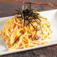 Mentai Cream Pasta · Cream-based cod roe sauce with shimeji mushrooms.