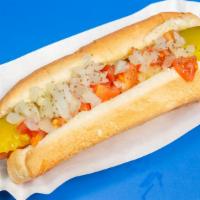 Chicago · Hot dog topped with dill pickle, tomato, raw onion and celery salt.