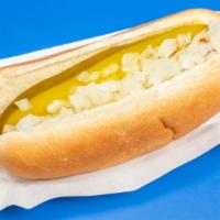 Jersey · Hot dog topped with dill pickle and raw onion.