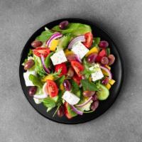 Greek Salad Getaway · Our most popular salad consists of romaine lettuce, red onions, green peppers, kalamata oliv...