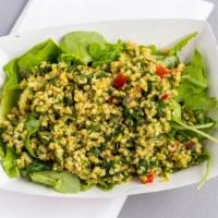 Tabbouleh Salad · Bulgar, fresh parsley, fresh arugla, fresh mint, cucumber, tomato, olive oil, lemon juice an...