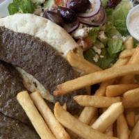 Open Gyro Platter · (Beef or chicken or falafel) served with greek salad, french fries, and pita bread.