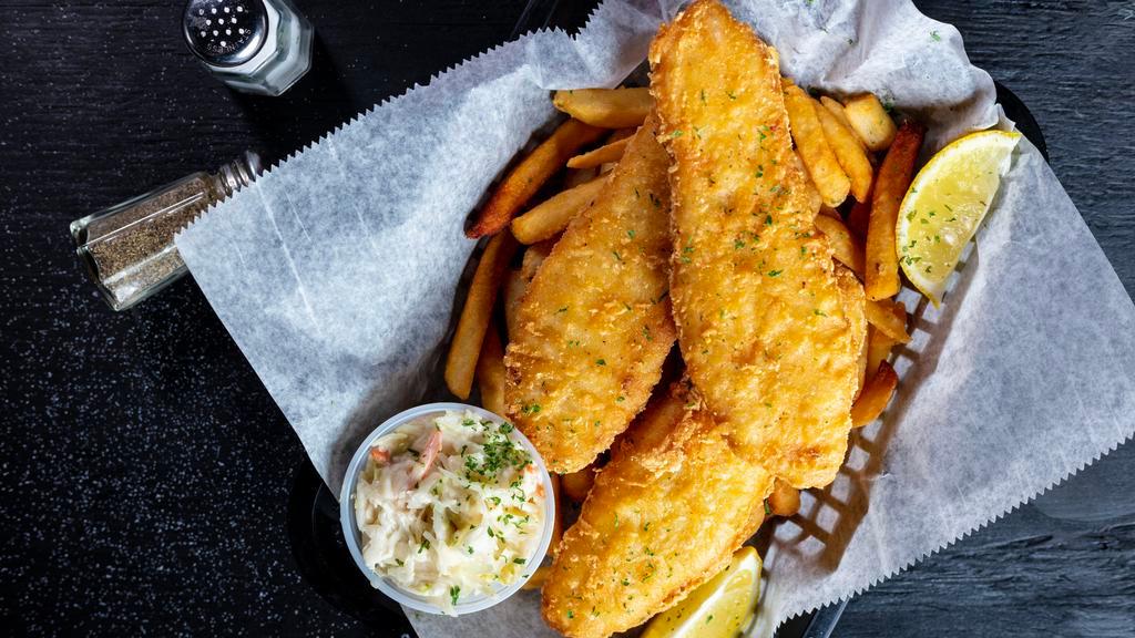Fish & Chips · 2 pc beer battered cod with fries and slaw