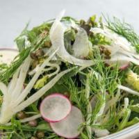 Mixed Green Salad · Baby greens, fennel, dill, and capers. Citrus dressing on the side.