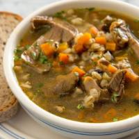 Mushroom Barley Soup · Our Mushroom Barley soup is hearty and filling. Made from scratch, our recipe includes beef ...