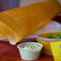 Plain Dosa · Gluten-free. Paper dosa. Paper-thin, crispy rice crepe. Served with coconut chutney and samb...