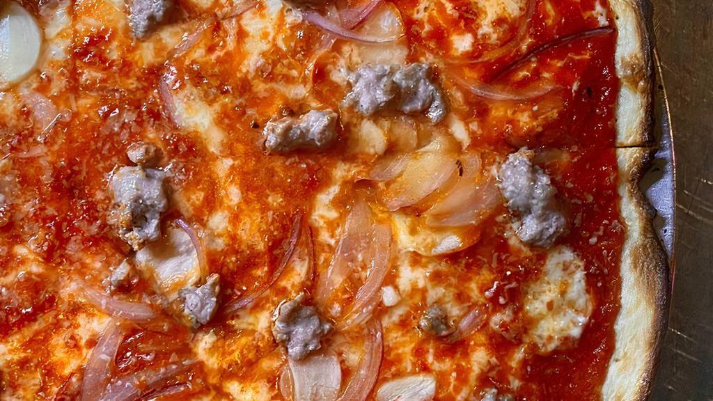 Heritage Sausage Pie · tomato sauce, red onion, olive oil, mozzarella, homemade sausage, garlic, parmigiano