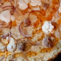 The White Pie · mozzarella, ricotta, sausage, red onion, side of hot honey