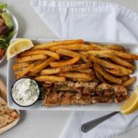 Chicken Souvlaki Platter · 2 Chicken souvlakia, served with Fries, Pita bread, choice os sauce and a side salad