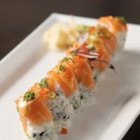Fancy Salmon Roll* · Spicy Crunchy Salmon, Avocado. Outside Topped with lots of Fresh Salmon