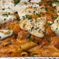 Family Tray: Grilled Chicken Penne Vodka · Half pan of Penne Vodka topped with Grilled Chicken