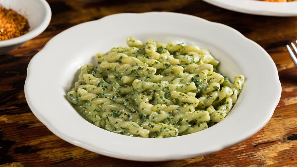 Gemelli With Pesto  · Gemelli Pasta with our Pesto Sauce & Pine Nuts
