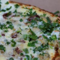 New England Clam Pizza · Fresh chopped clams, smoked bacon, fresh mozzarella, roasted jalapenos, roasted garlic, and ...