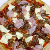 Carnivore Pizza · Bacon, sausage, meatball, ham, steak, and fresh mozzarella.