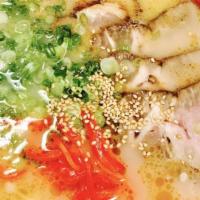 Charsiu Tonkotsu Ramen · Kyushu style pork broth and ramen noodles with extra roasted pork, sesame, ginger, and scall...