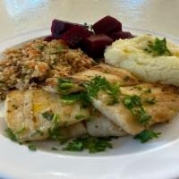 Grilled Fish (Sway Fillet) · Customer Choice 4 sides (Black Beans, Pinto Beans, White Rice, Brown Rice, Mashed Potato, Sw...