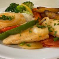 Fish Stew (Sway Fillet) · Customer Choice 4 sides  (Black Beans, Pinto Beans, White Rice, Brown Rice, Mashed Potato, S...