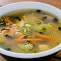 Gluten Free Miso Soup · Tofu, wakame, scallions, carrot, and Napa cabbage.