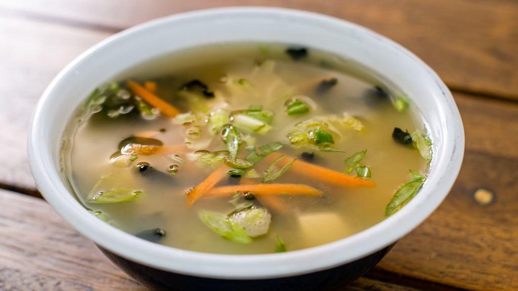 Gluten Free Miso Soup · Tofu, wakame, scallions, carrot, and Napa cabbage.