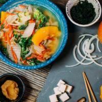 Earthy Miso Soup Bowl · Shiitake, tofu, Napa, carrot, onion, wakame, kabocha, greens, broccoli, ginger, scallions, a...