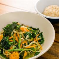 Vegetable Pesto Bowl · String beans, kabocha, carrot, broccoli, onions, and kale in a pesto sauce. Served with brow...