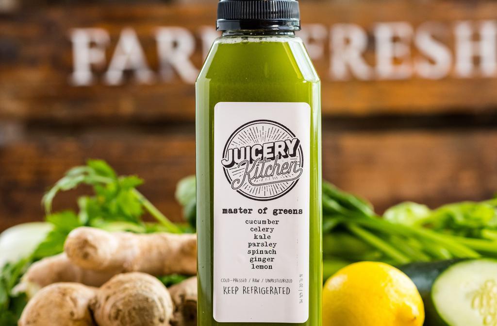 Cold Pressed Master Of Greens · Popular. Unpasteurized cold pressed juices, 16 ounce. Cucumber, celery, kale, parsley, spinach, ginger and lemon.