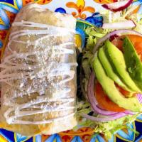 Burrito · Flour tortilla wrapped and filled with refried beans, cheese, mexican rice and choice of mea...