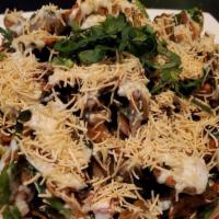 Vegetarian Palak Chaat · Crispy spinach topped with onions, cilantro & tomatoes .