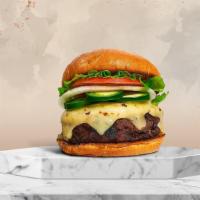 Jalapeno Burger · American beef patty topped with melted pepper jack cheese, jalapenos, buttered lettuce, toma...