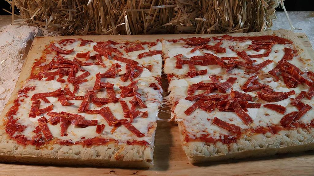 Gf Pizza Diavola Full Tray · TOMATO SAUCE, FRESH MOZZARELLA, HOT SOPPRESSATA, BASIL, VIRGIN OLIVE OIL - ROMAN STYLE 23X15 INCH