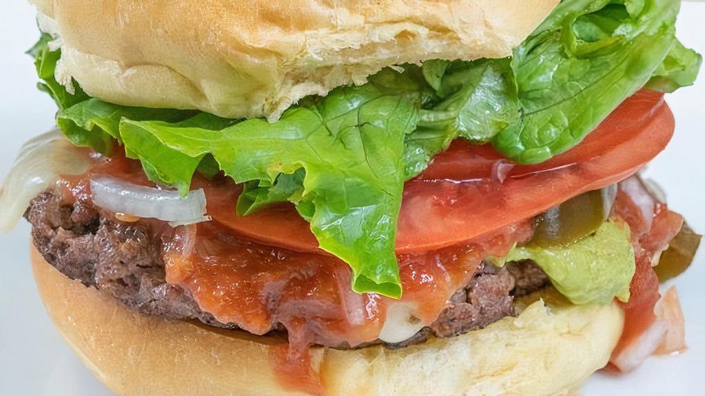 Tex-Mex · Beef patty, lettuce, tomatoes, onions, guacamole, salsa, jalapeño peppers, pepper jack cheese and homemade chipotle special sauce.