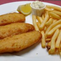 Fish & Chips · Crispy fried cod fish patties with fries. Served with tartar sauce and lemon.