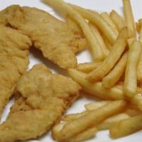 Chicken Tenders & Fries · Three pieces of golden chicken tenders with fries.